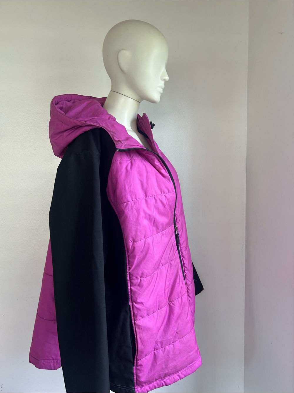 free tech XL Women's Hooded Colorblock Puffer Jacket - Pink & Black